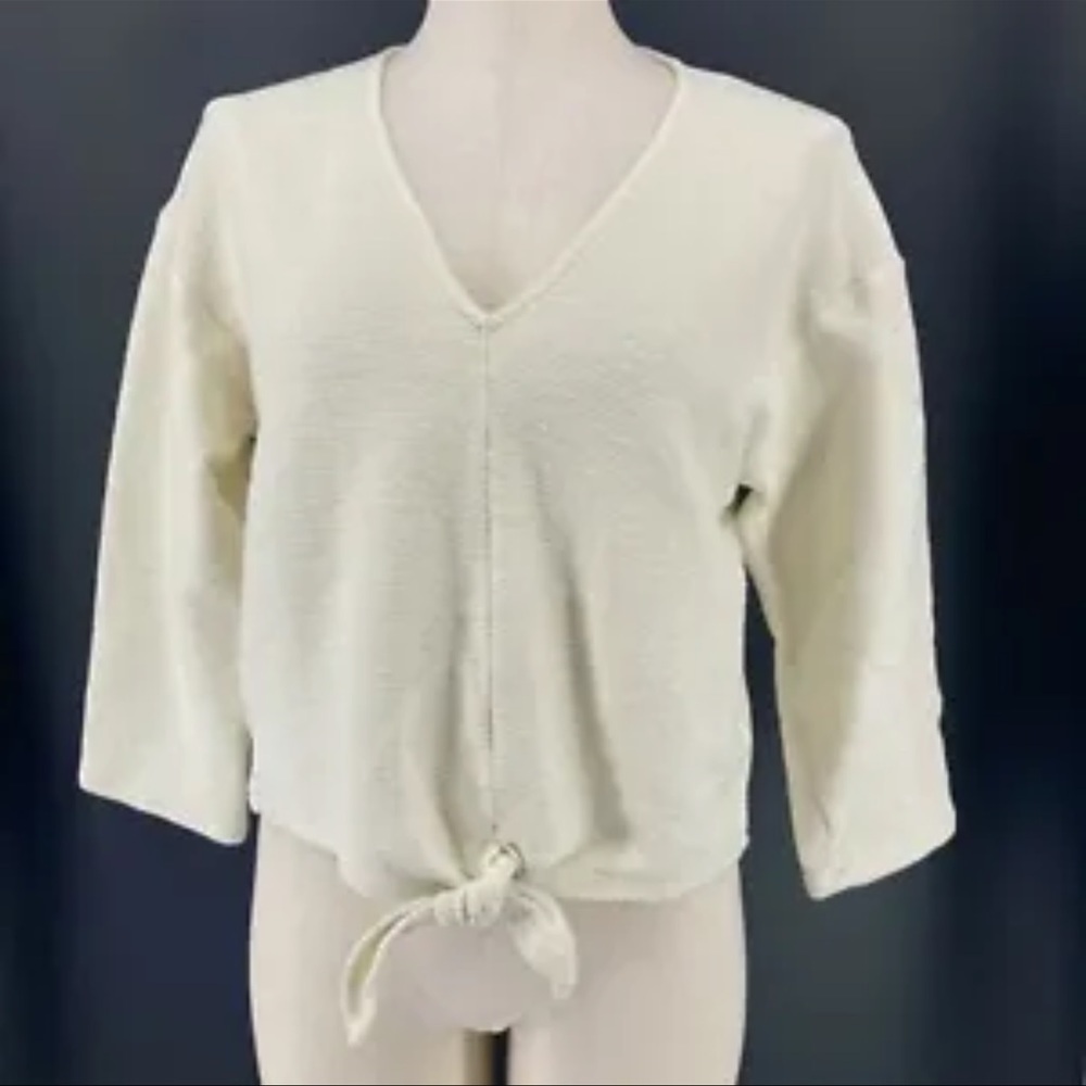 Madewell Textured & Thread Top Long Sleeve Tie Front Ribbed Cream Size Large